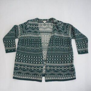 Vintage D&Co Green White Fair Isle Nordic Open Front Knit Cardigan Sweater 1X